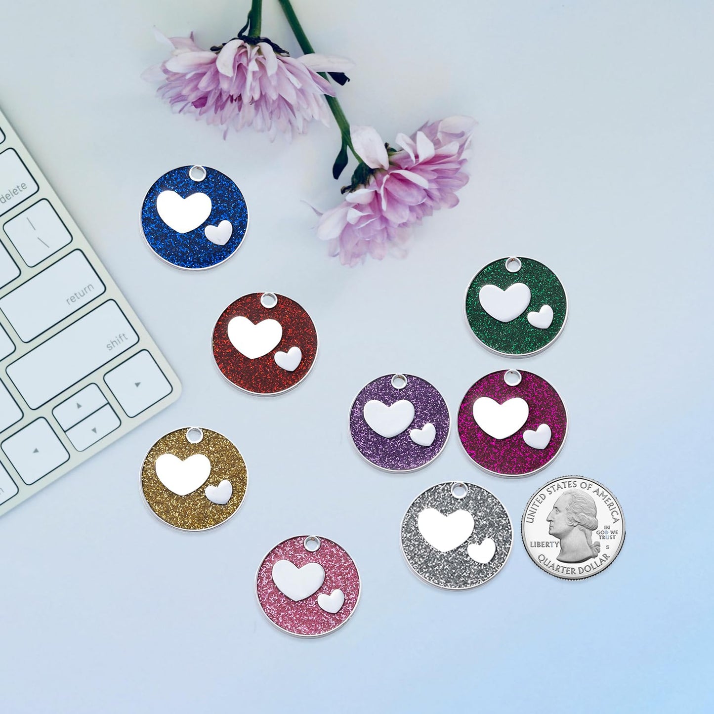 Round Heart Glitter Custom Pet ID Tags Personalized Engraved
