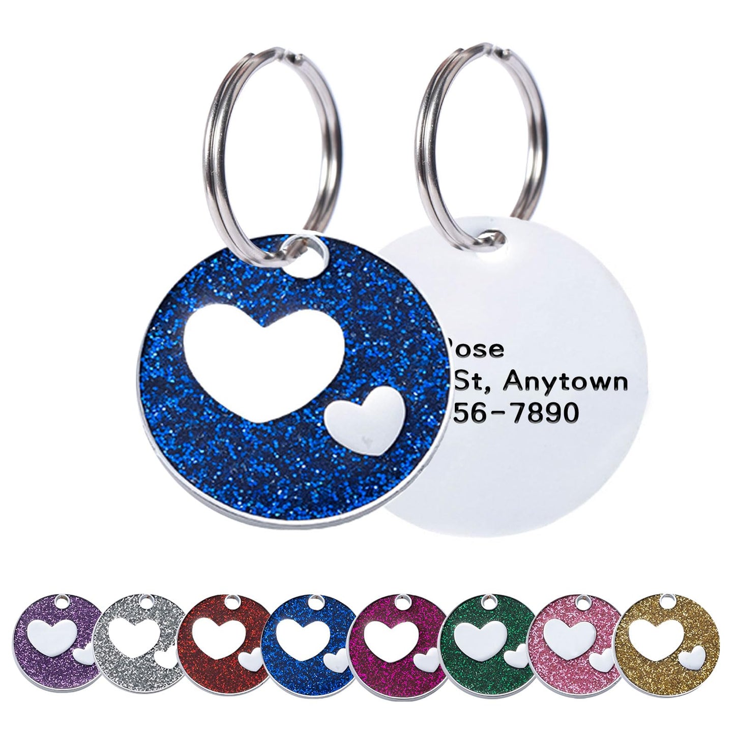 Round Heart Glitter Custom Pet ID Tags Personalized Engraved