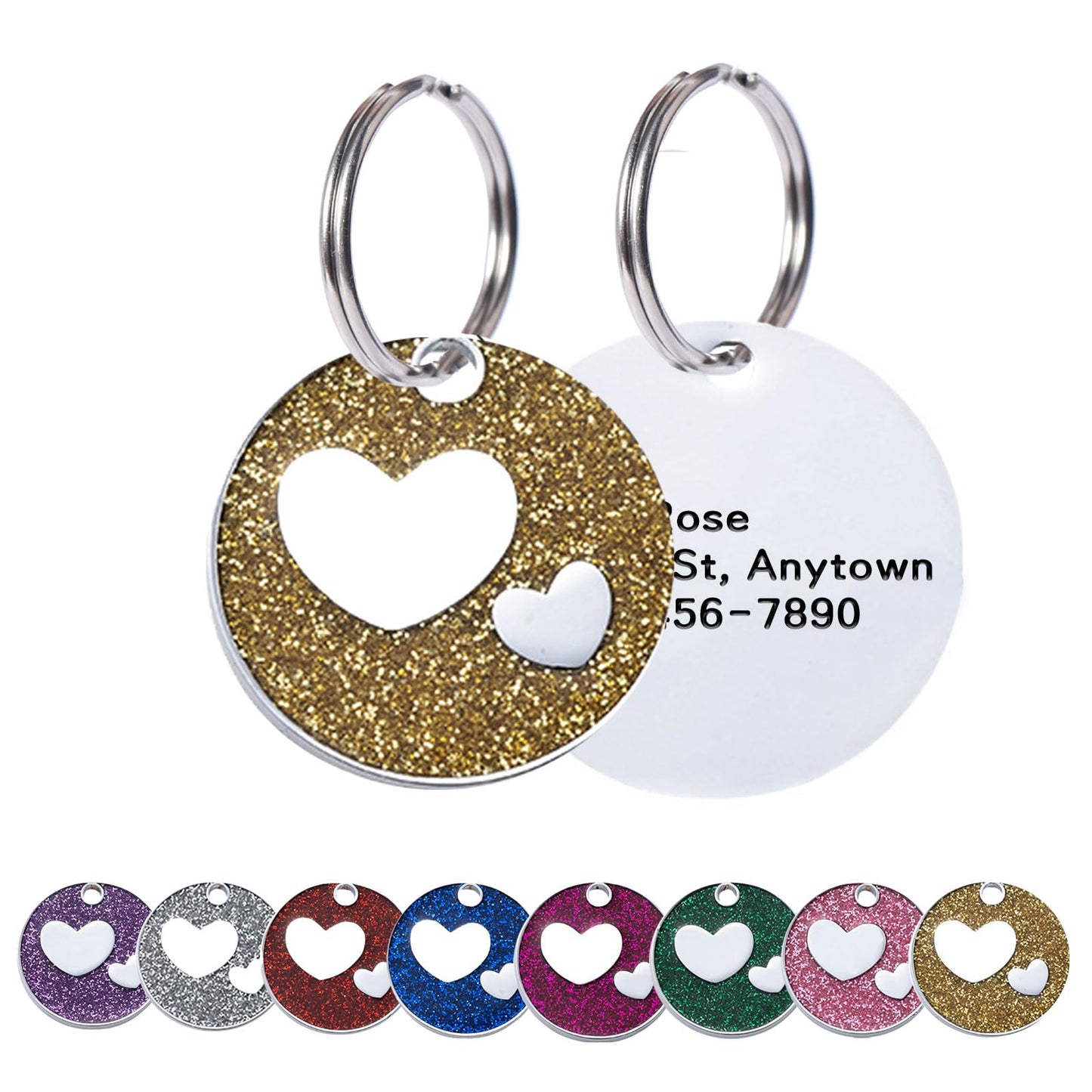 Round Heart Glitter Custom Pet ID Tags Personalized Engraved
