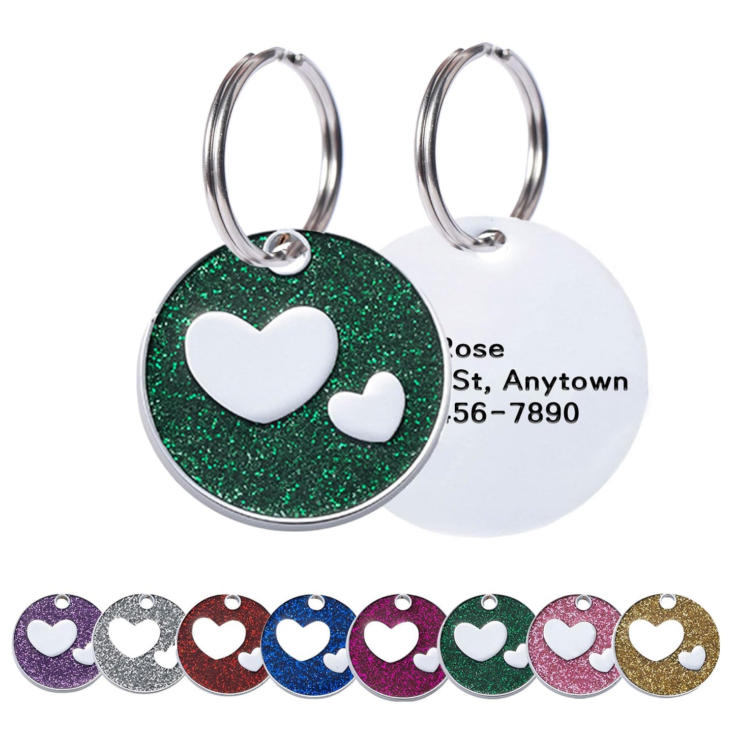 Round Heart Glitter Custom Pet ID Tags Personalized Engraved