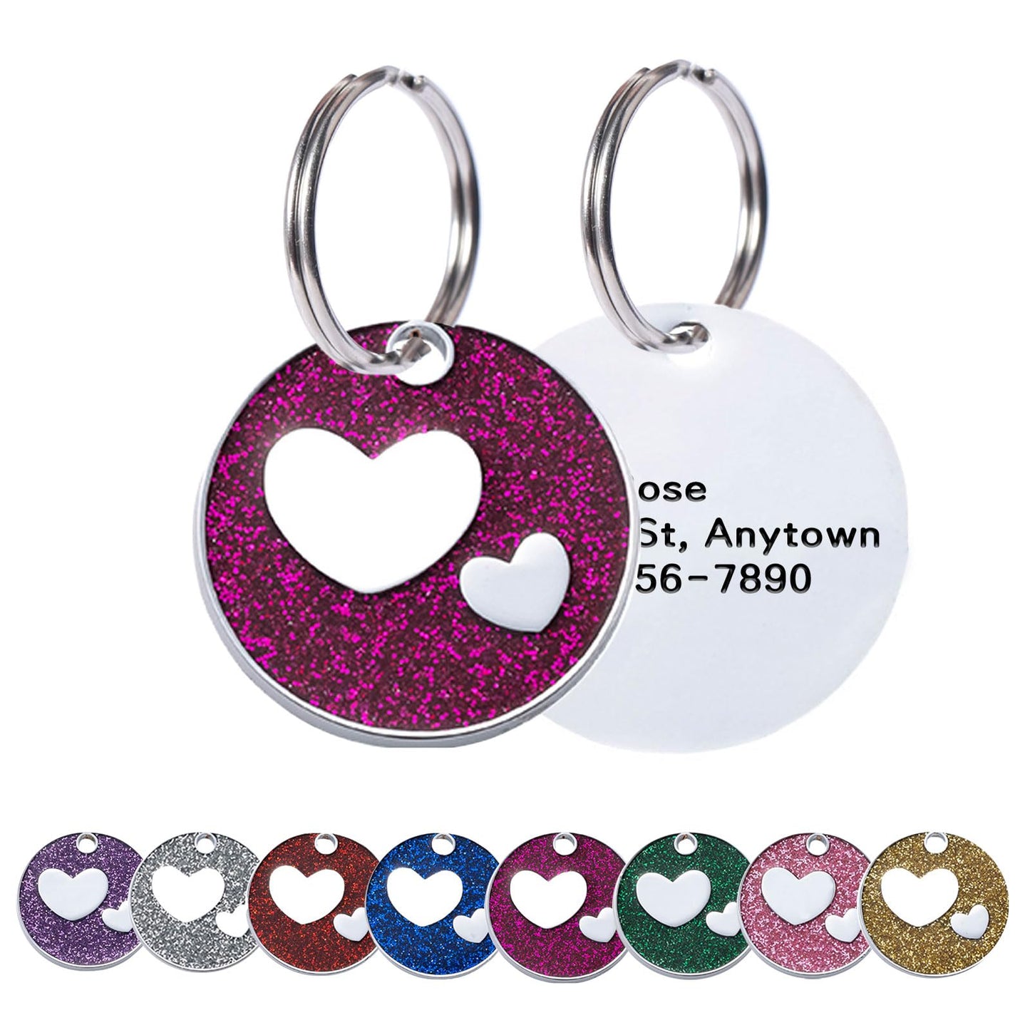 Round Heart Glitter Custom Pet ID Tags Personalized Engraved