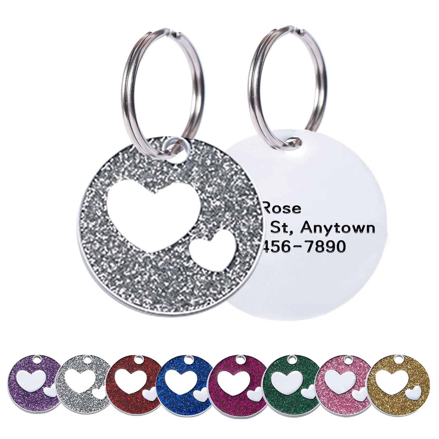 Round Heart Glitter Custom Pet ID Tags Personalized Engraved