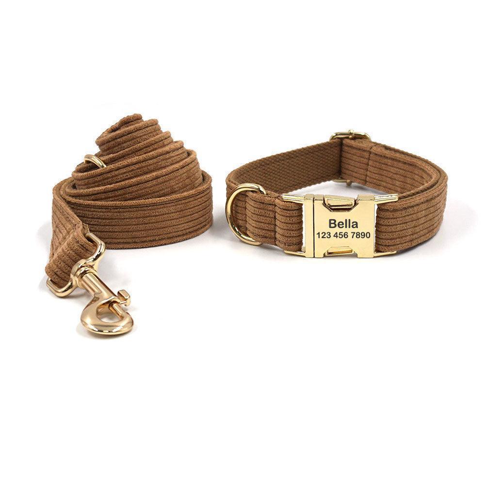 Brown Stripe Velvet Personalized Dog Collar Leash Harness Bowtie Set - iTalkPet
