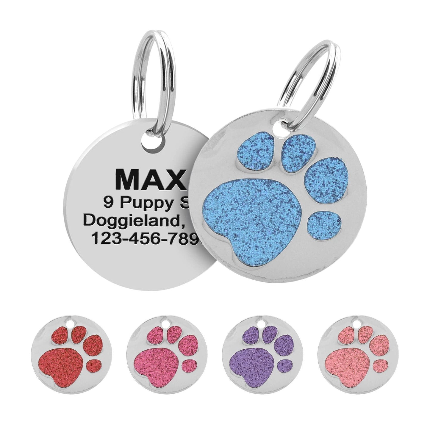Glitter Paw Print Round Custom Engraved Pet ID Tag - iTalkPet