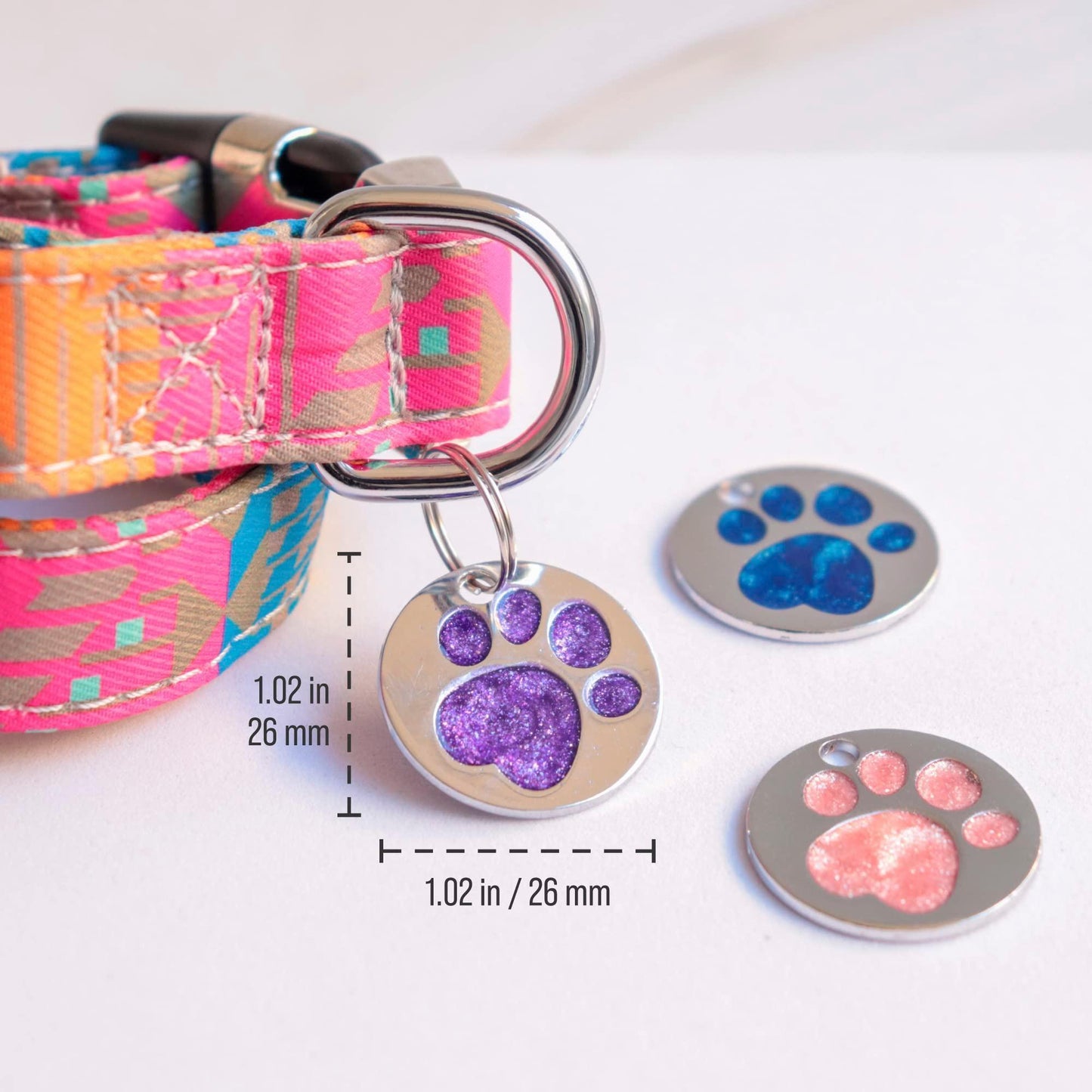 Glitter Paw Print Round Custom Engraved Pet ID Tag - iTalkPet