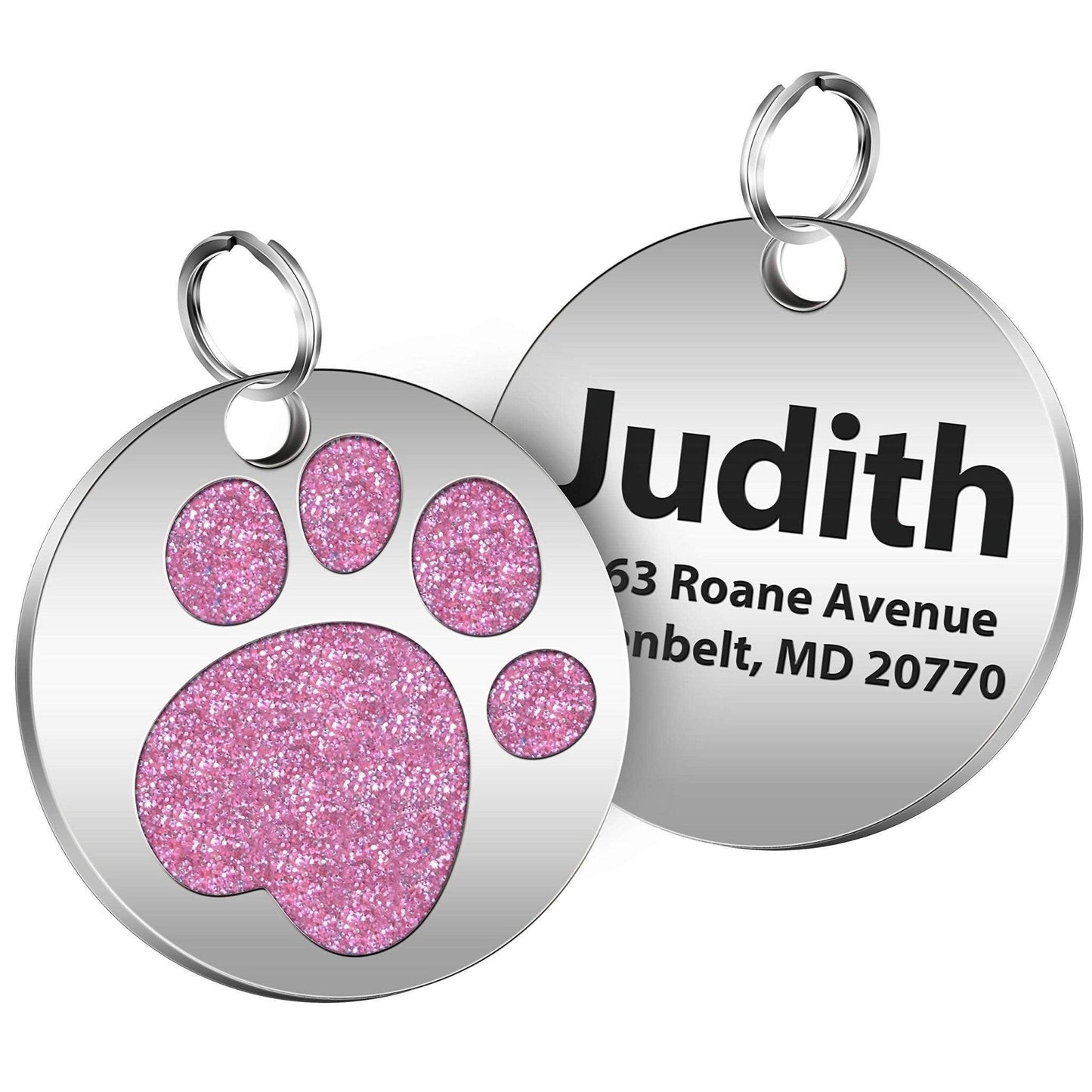 Glitter Paw Print Round Custom Engraved Pet ID Tag - iTalkPet