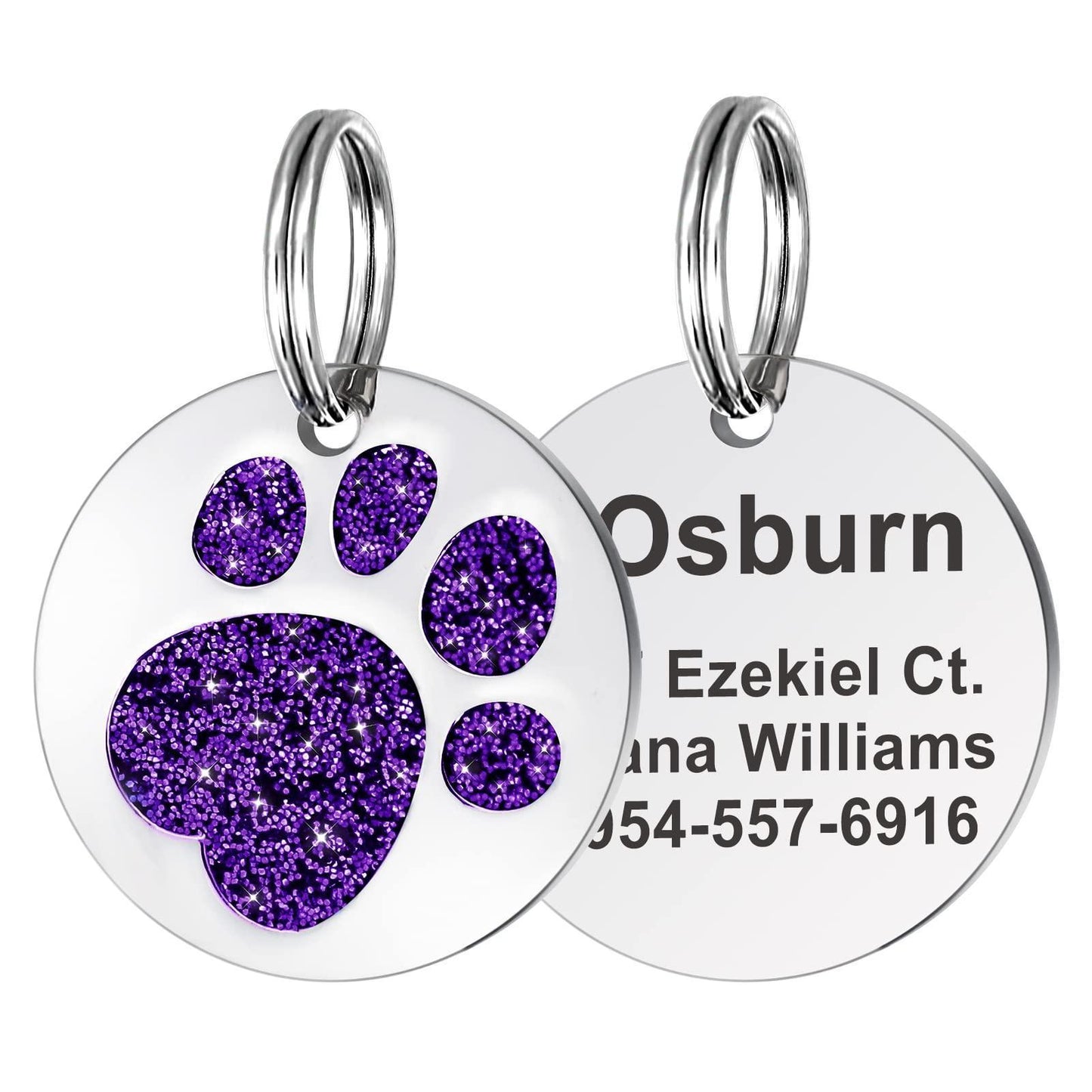 Glitter Paw Print Round Custom Engraved Pet ID Tag - iTalkPet