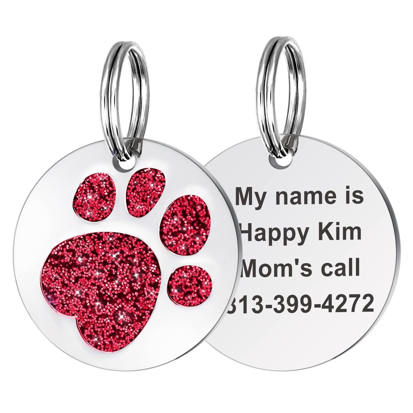 Glitter Paw Print Round Custom Engraved Pet ID Tag - iTalkPet