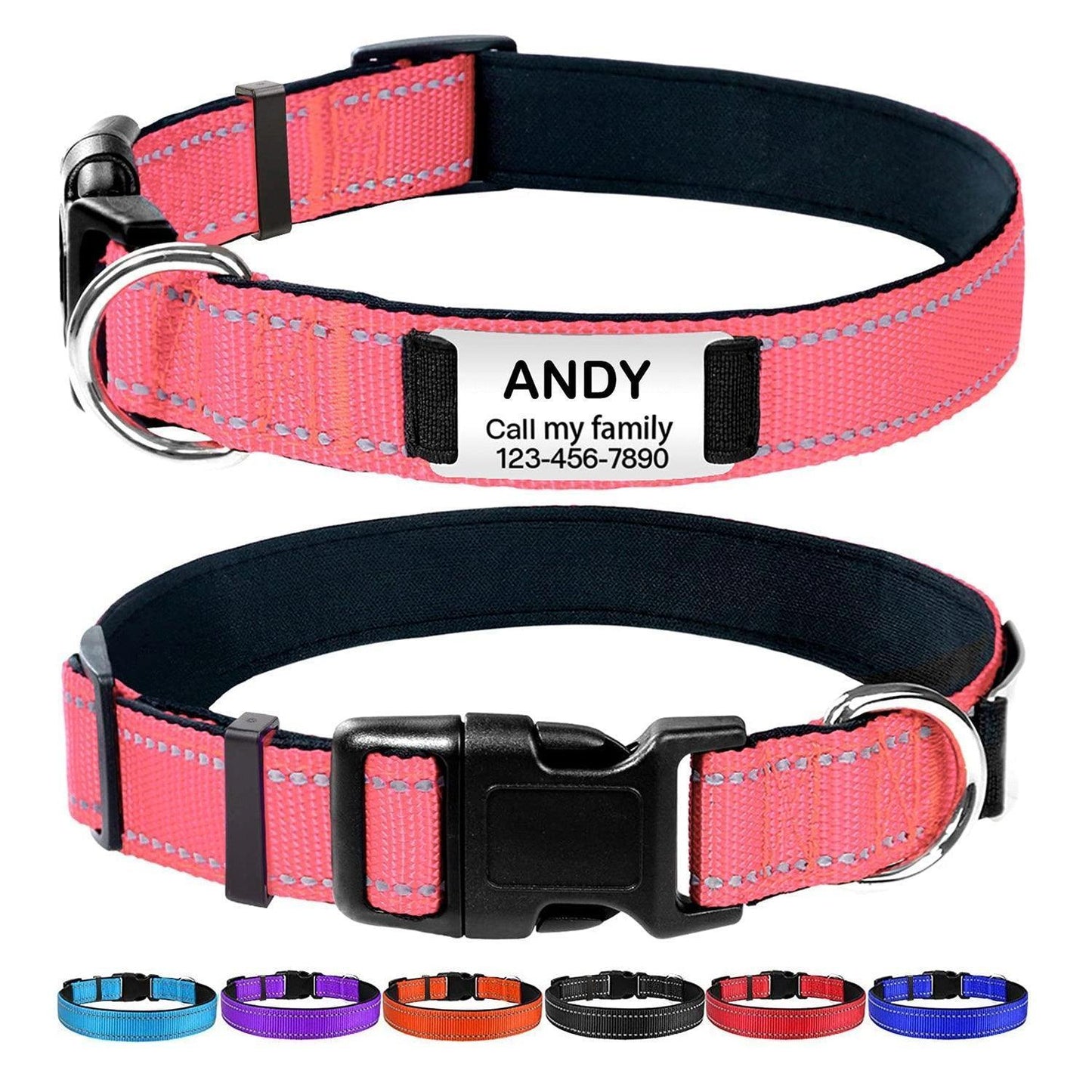 Personalized Dog Collar - Reflective Nylon Dog Collar with Engraved Name Plate - iTalkPet