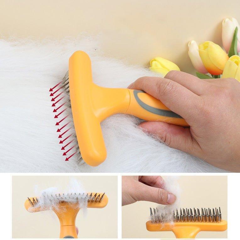 Pet Rake Comb Deshedding Dematting Brush - Double Row Stainless Steel Pins - iTalkPet