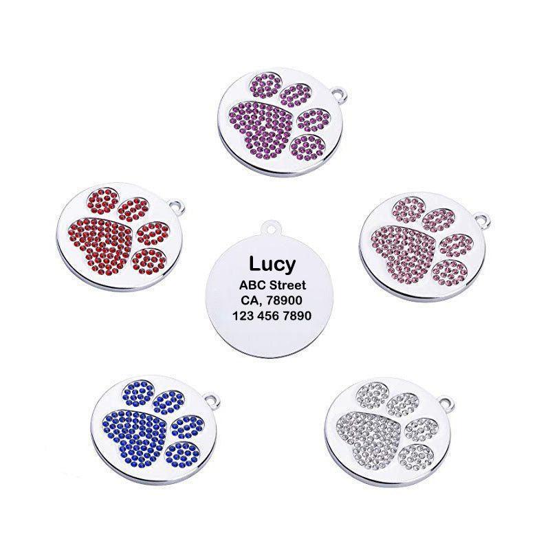 Rhinestones Inlaid Paw Print Personalized Pet Tag - iTalkPet