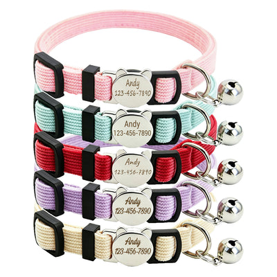 Personalized Velvet Safety Cat Collar with Engraved ID Metal Buckle and Bell