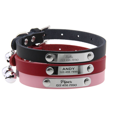 Personalized Leather Cat Collar with Engraving and Bell
