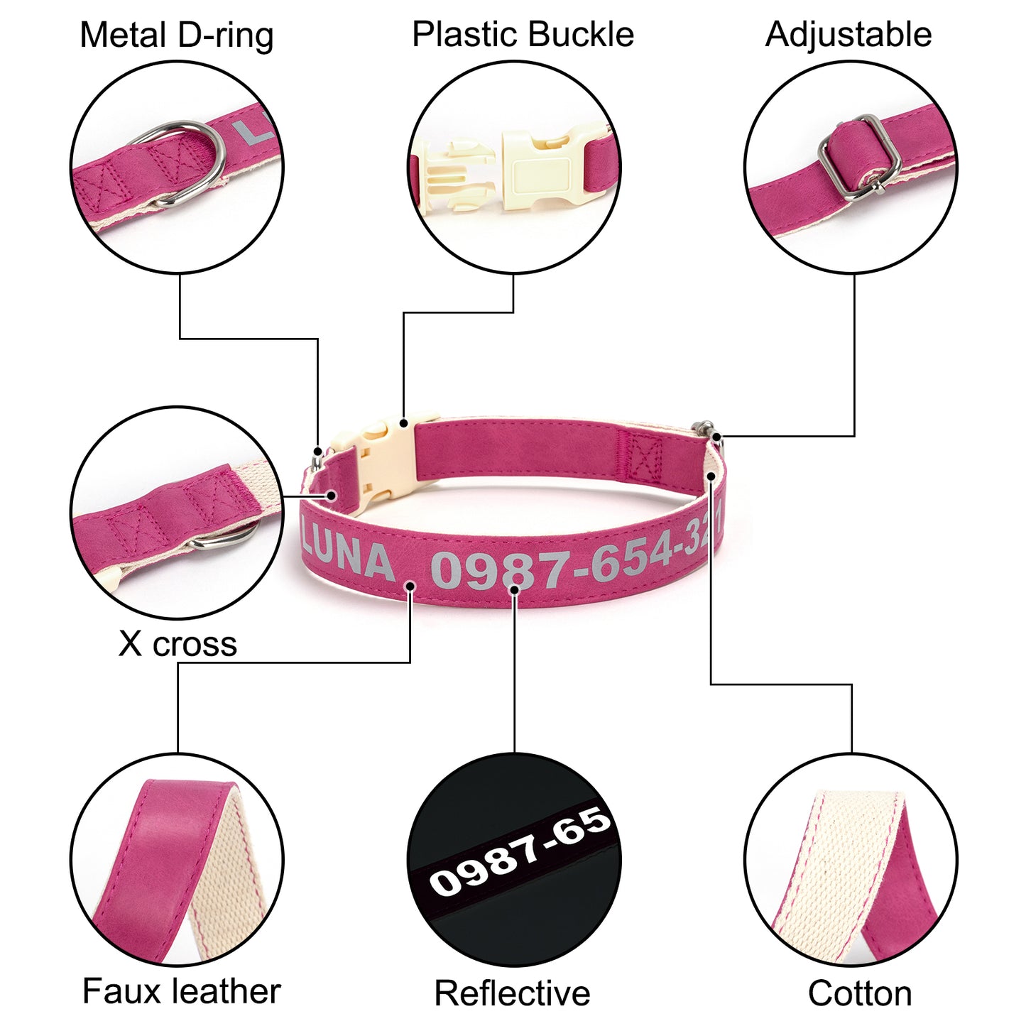 Customizable Reflective Leather-Textured Anti-Lost Personalized Dog Collar