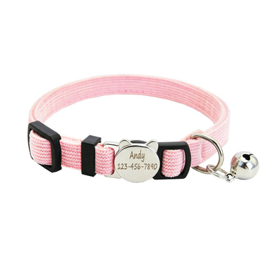 Personalized Velvet Safety Cat Collar with Engraved ID Metal Buckle and Bell