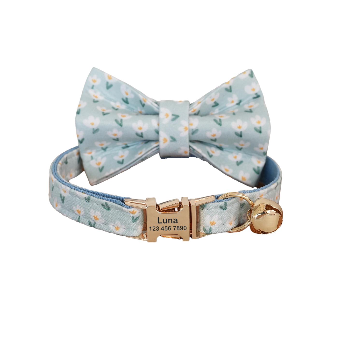 Pink Flower Personalized Cat Collar with Bowtie Free Engraved