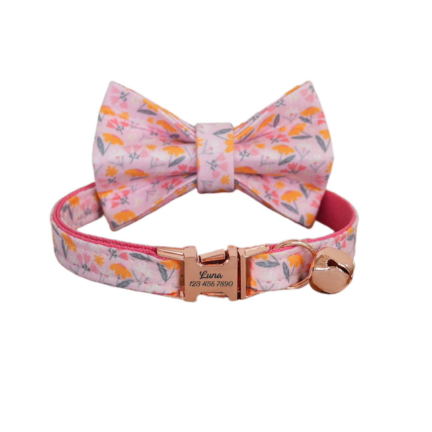 Pink Flower Personalized Cat Collar with Bowtie Free Engraved