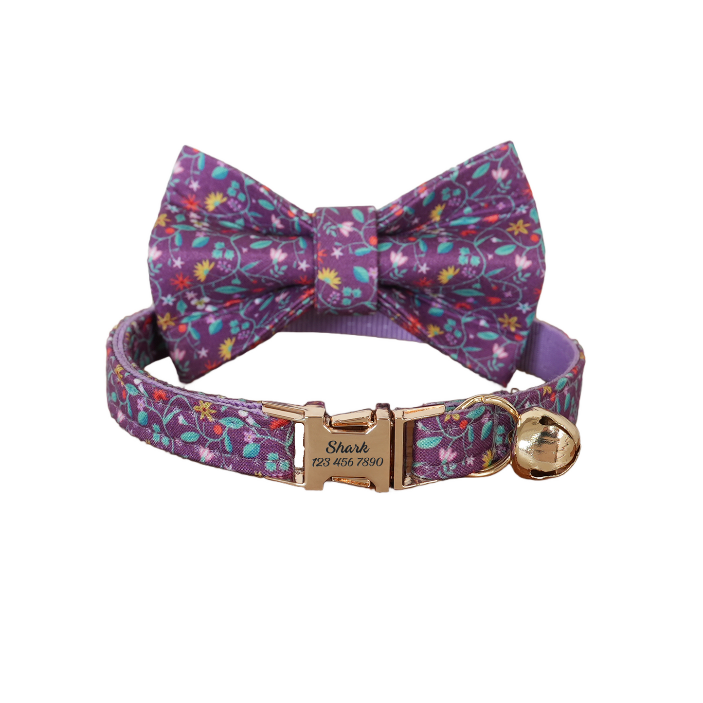Purple Flower Personalized Cat Collar with Bowtie Free Engraved