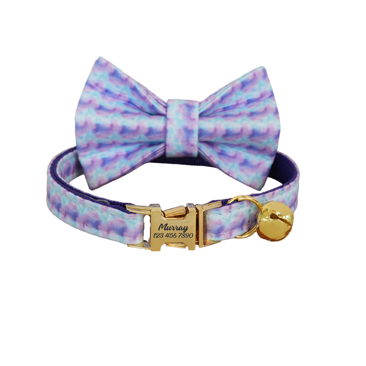 Blue Flower Personalized Cat Collar with Bowtie Free Engraved