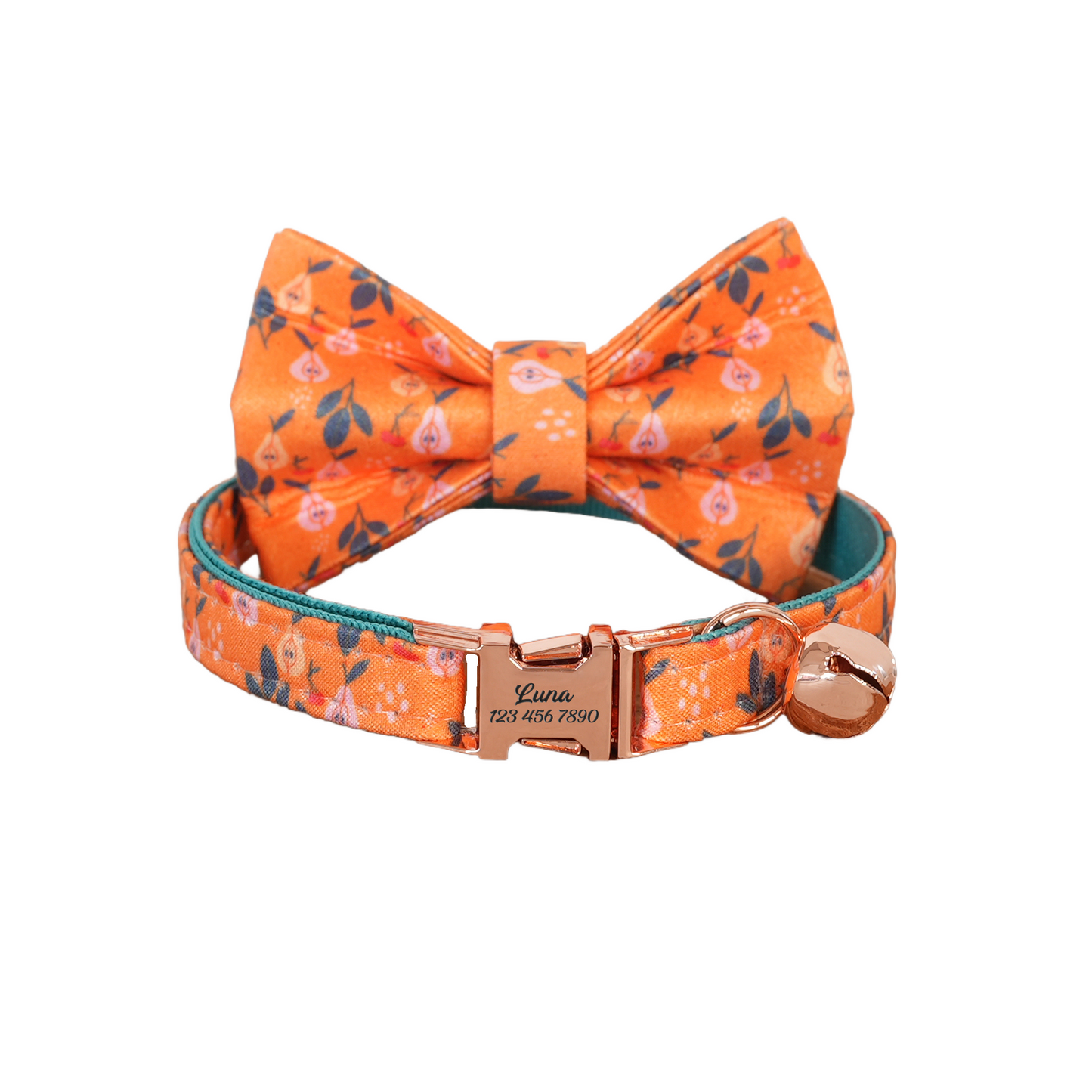 Blue Flower Personalized Cat Collar with Bowtie Free Engraved