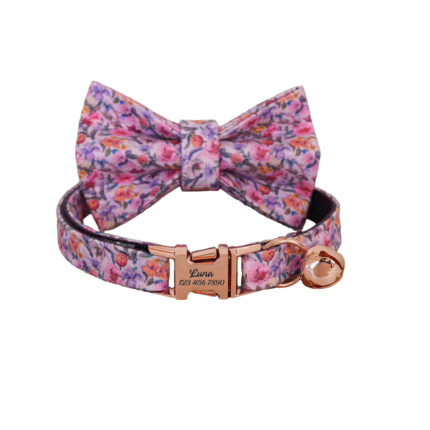 Purple Flower Personalized Cat Collar with Bowtie Free Engraved