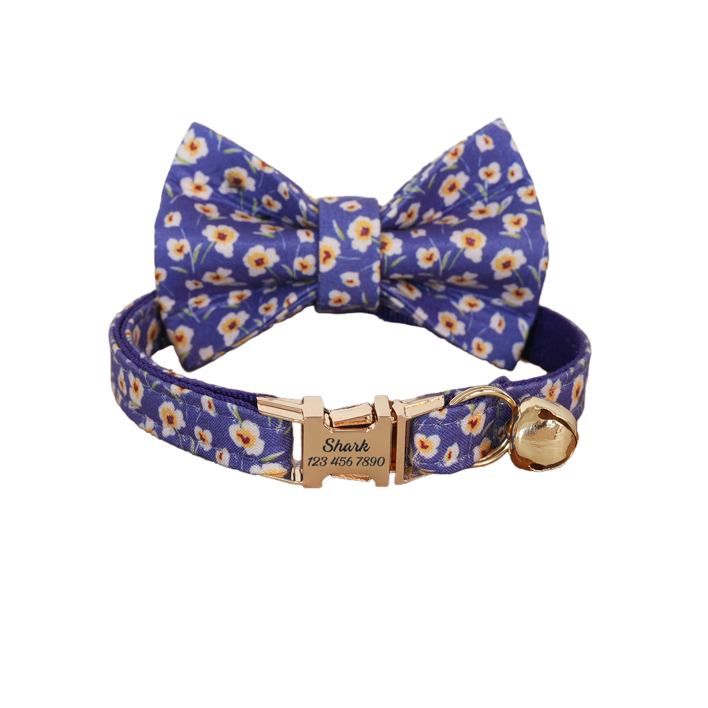 Pink Flower Personalized Cat Collar with Bowtie Free Engraved