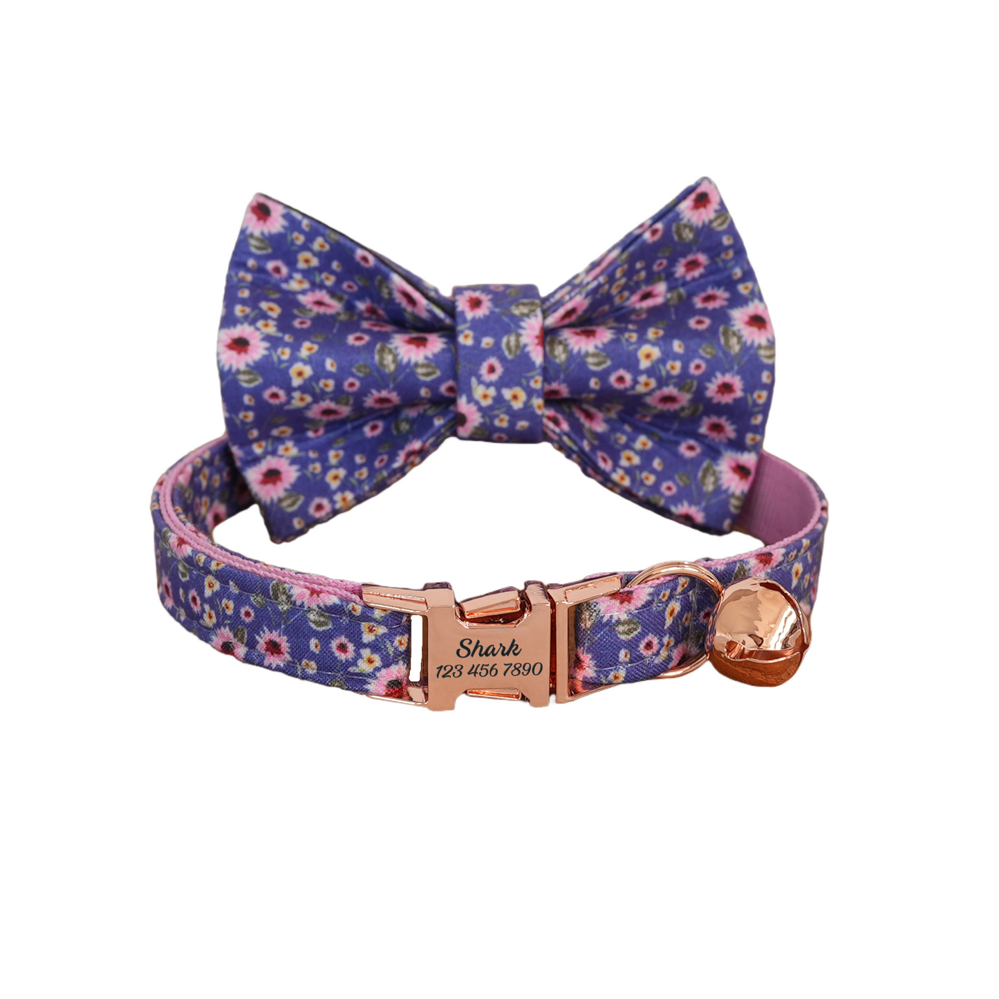 Blue Flower Personalized Cat Collar with Bowtie Free Engraved