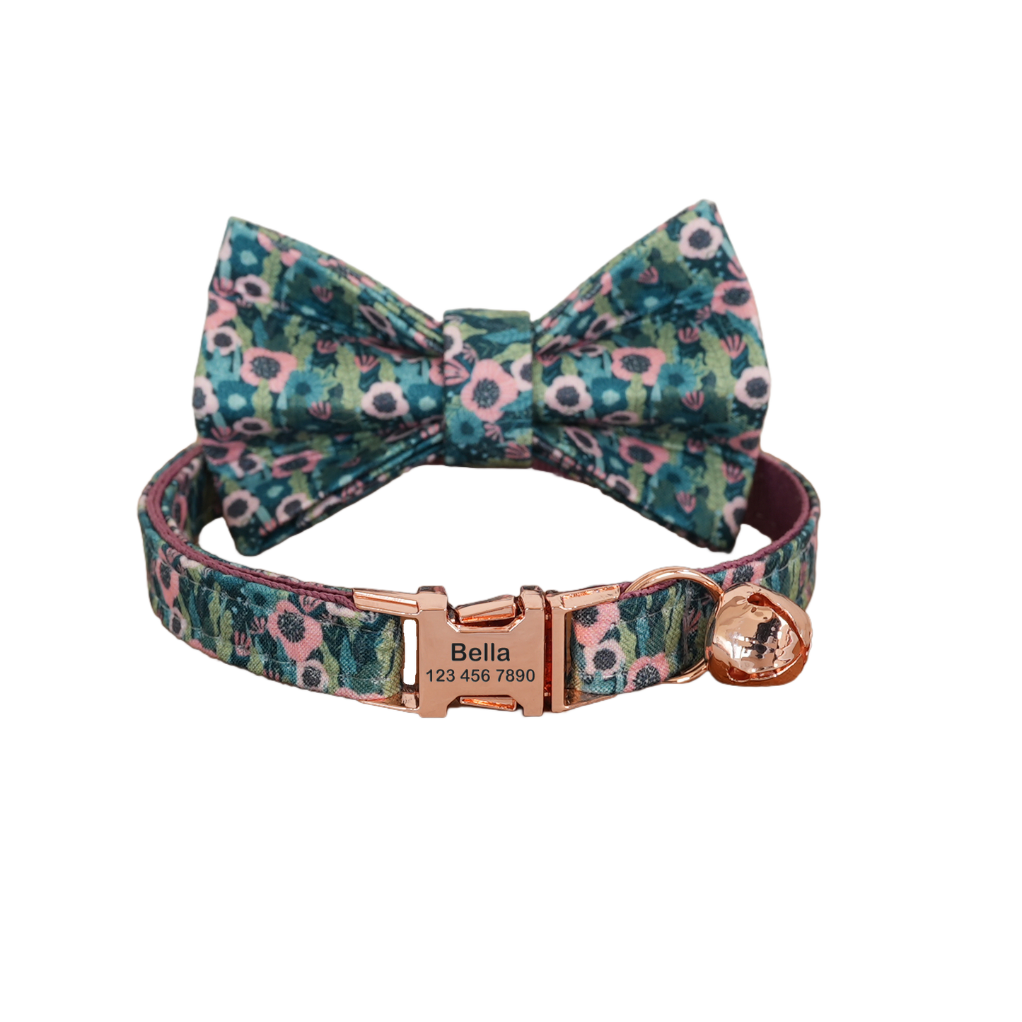 Blue Flower Personalized Cat Collar with Bowtie Free Engraved