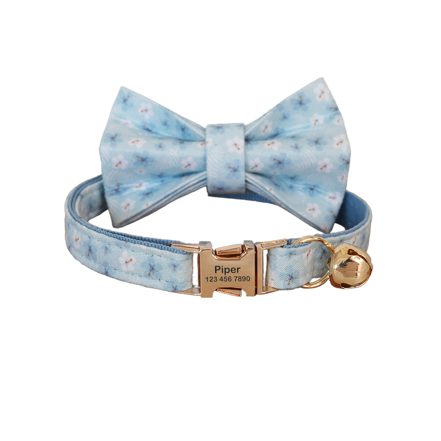 Blue Flower Personalized Cat Collar with Bowtie Free Engraved