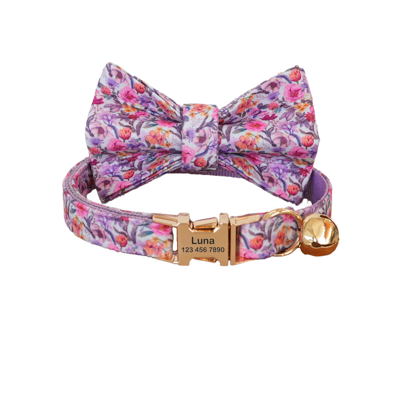 Purple Flower Personalized Cat Collar with Bowtie Free Engraved