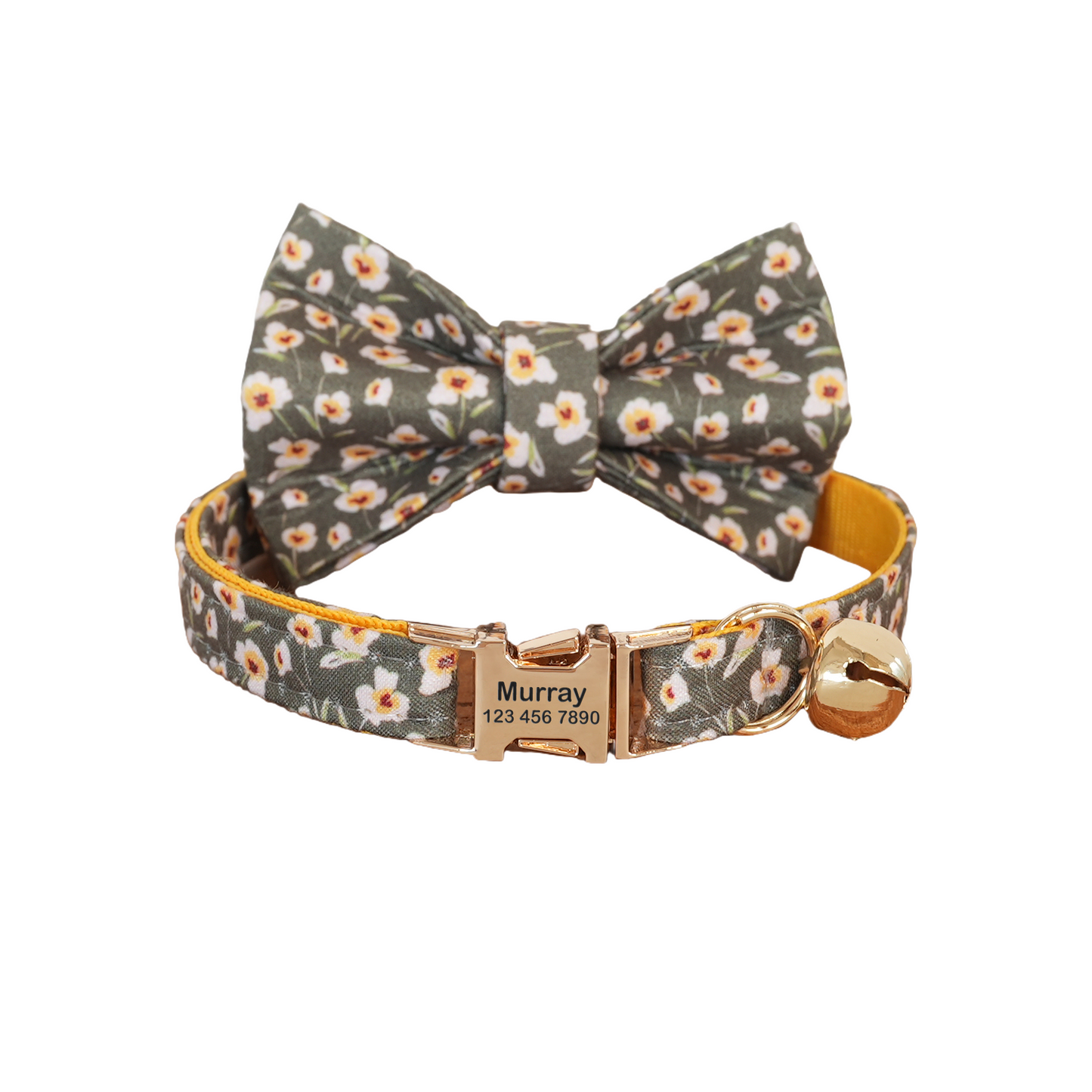 Pink Flower Personalized Cat Collar with Bowtie Free Engraved