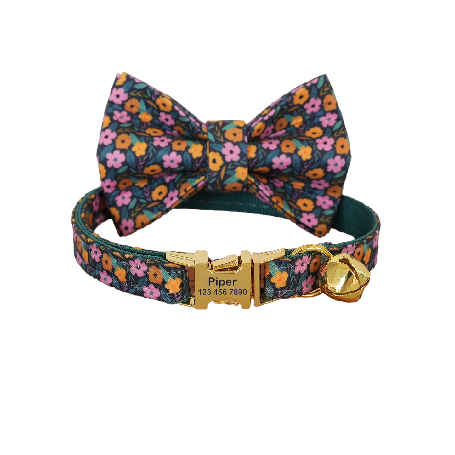 Pink Flower Personalized Cat Collar with Bowtie Free Engraved