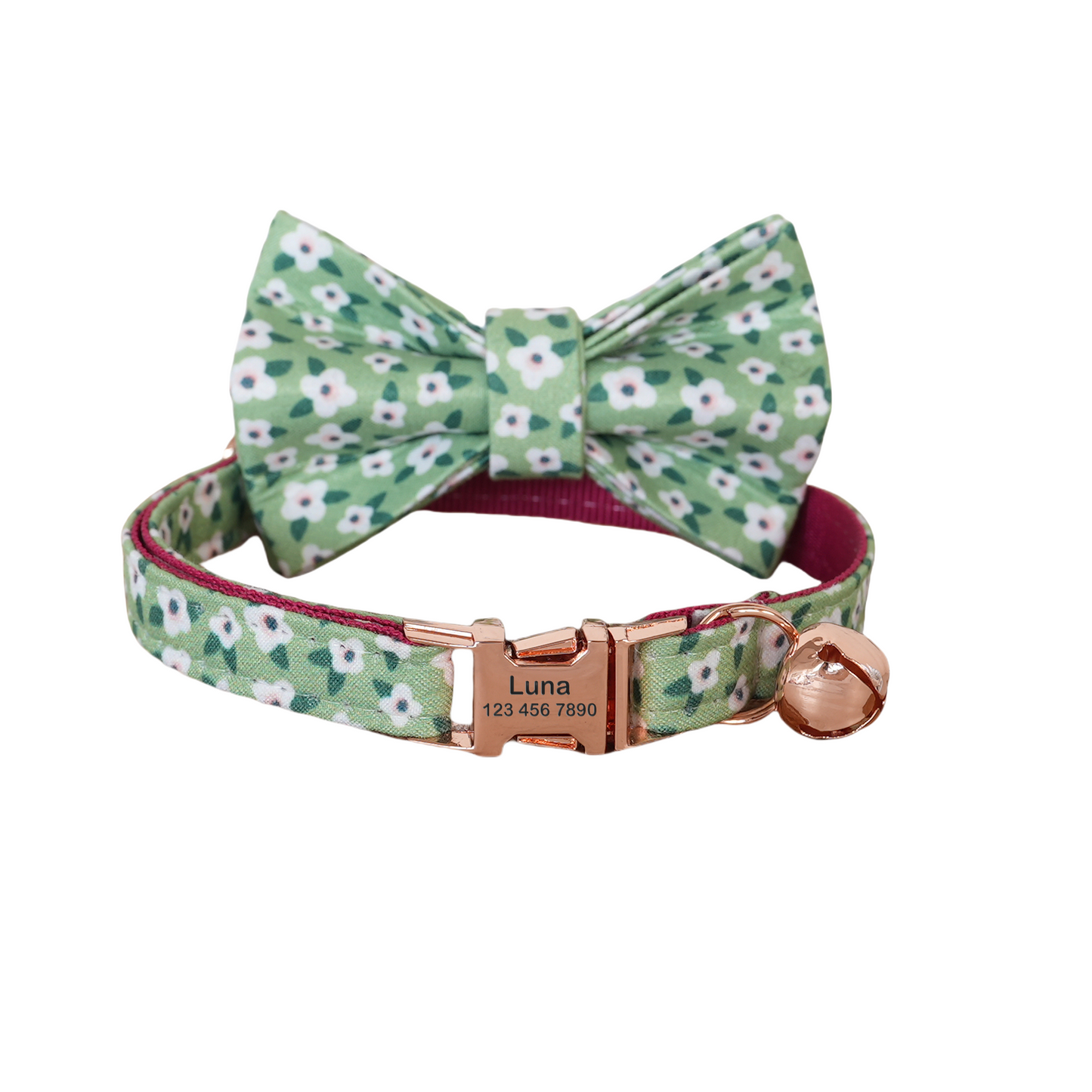 Personalized Green Cat Collar with Bowtie Free Engraved