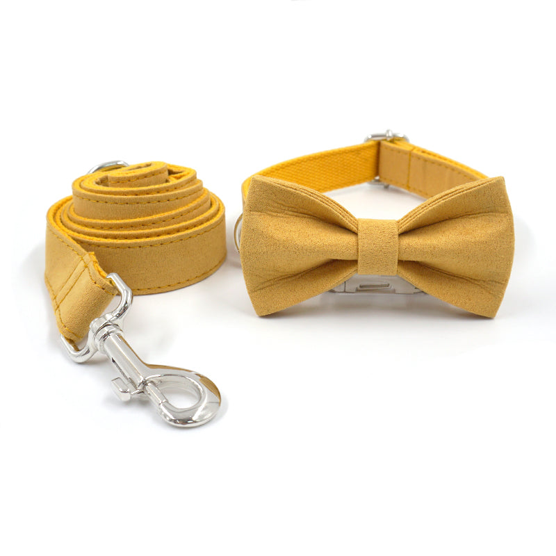 Short Velvet Custom Dog Collar with Bow Tie & Leash Set