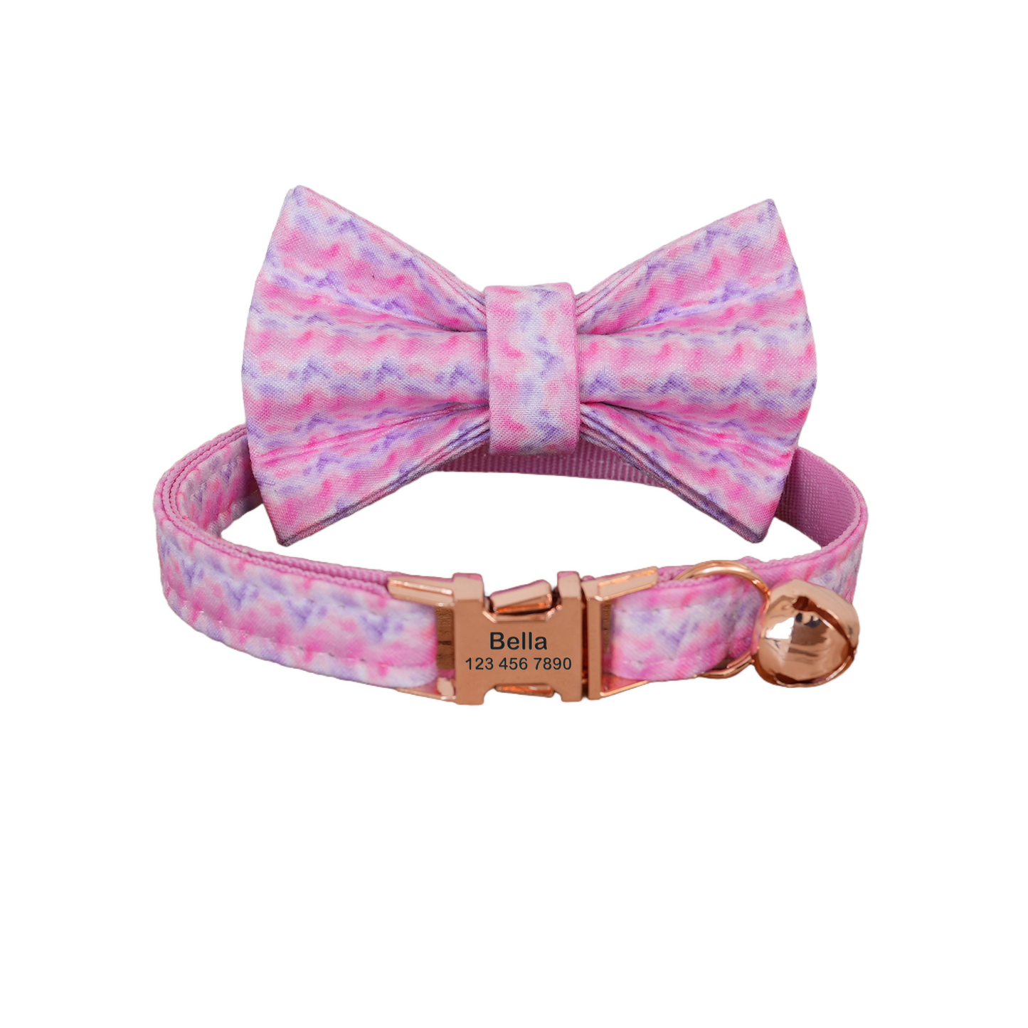 Blue Flower Personalized Cat Collar with Bowtie Free Engraved