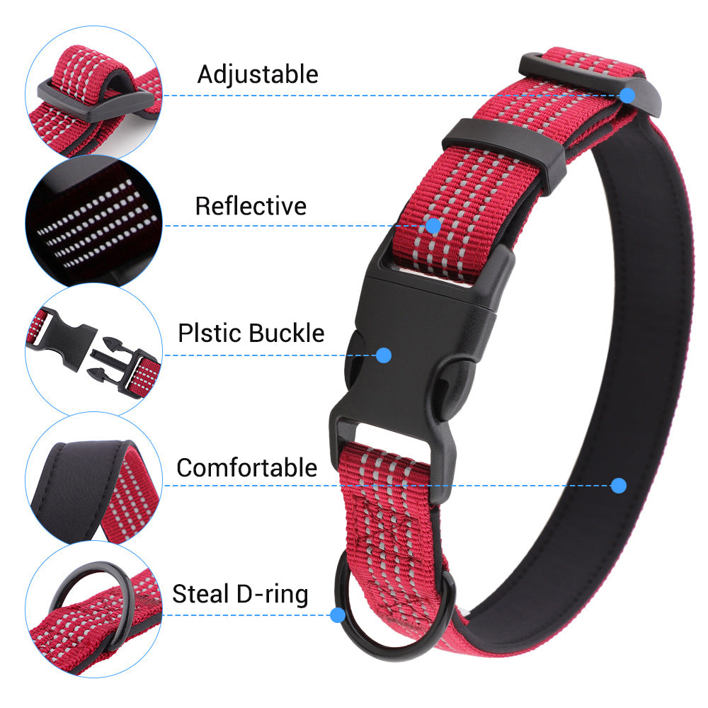Comfortable Adjustable Reflective Dog Collar with Plastic Buckle - Engravedable