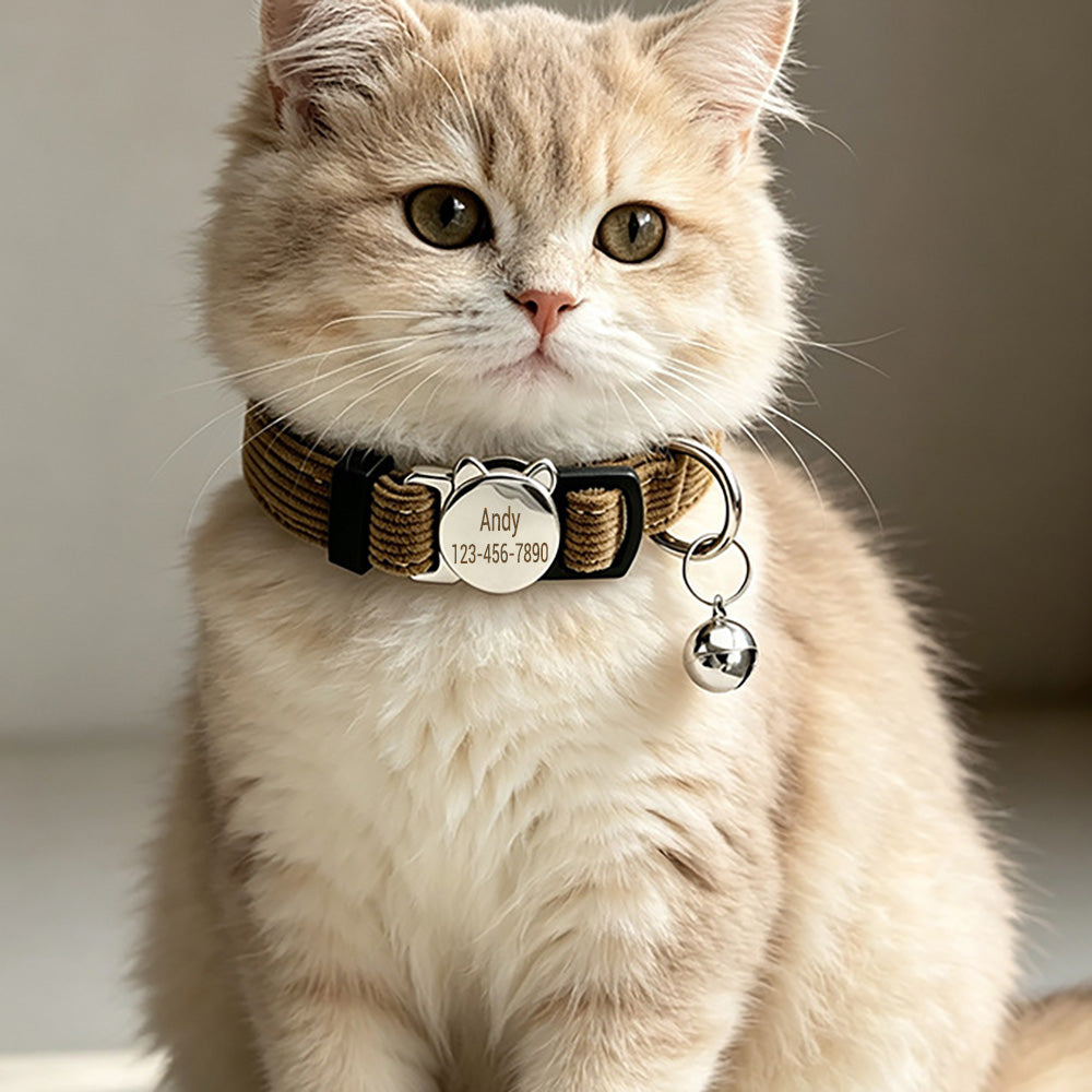 Personalized Velvet Safety Cat Collar with Engraved ID Metal Buckle and Bell