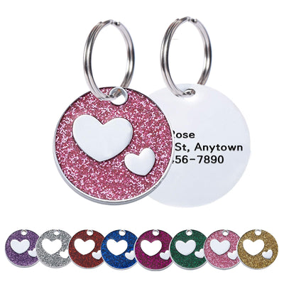 Round Heart Glitter Custom Pet ID Tags Personalized Engraved