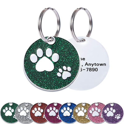 Round Paw Glitter Custom Pet ID Tags Personalized Engraved