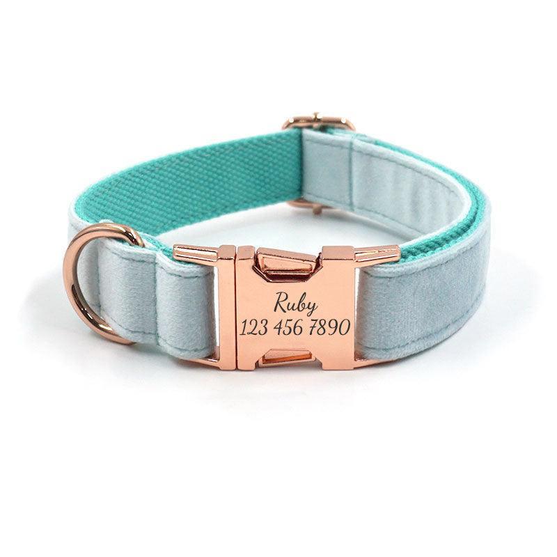 Blue Teal Velvet Personalized Dog Collar Leash Harness Bowtie Poop Bag Set - iTalkPet
