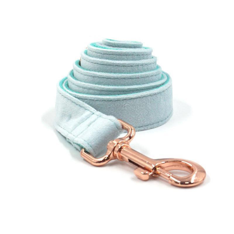 Blue Teal Velvet Personalized Dog Collar Leash Harness Bowtie Poop Bag Set - iTalkPet