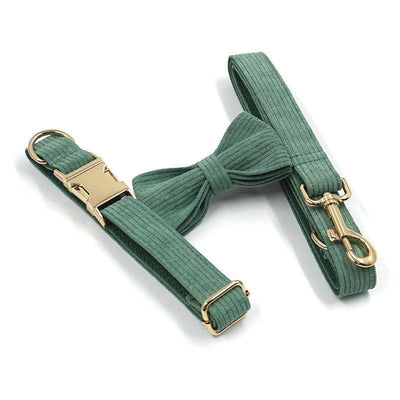 Dark Green Stripe Velvet Personalized Dog Collar Leash Harness Bowtie Poop Bag Set - iTalkPet