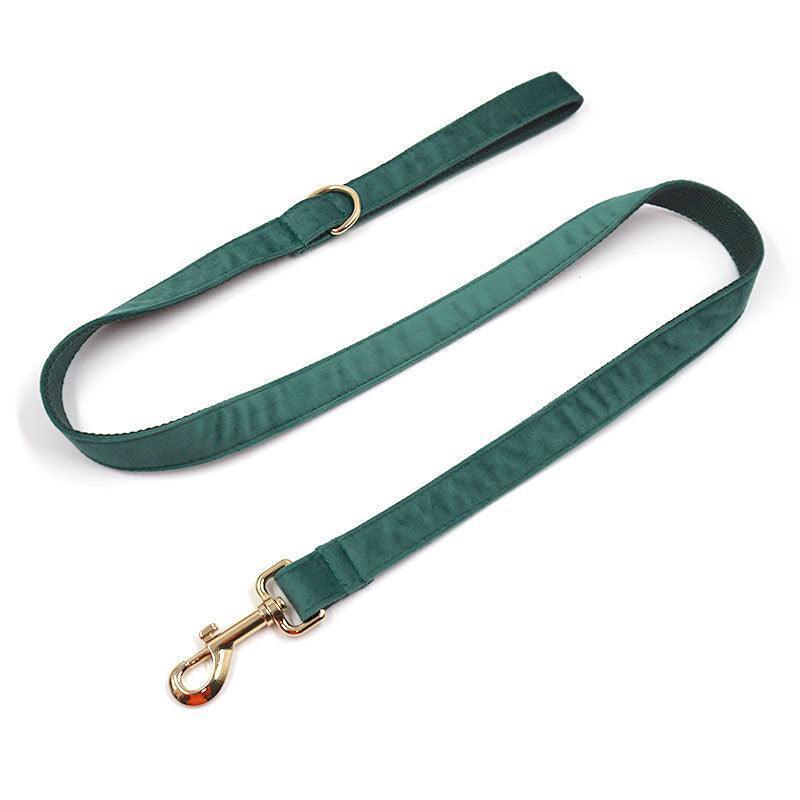 Dark Green Velvet Personalized Dog Collar Leash Harness Bowtie Poop Bag Set - iTalkPet