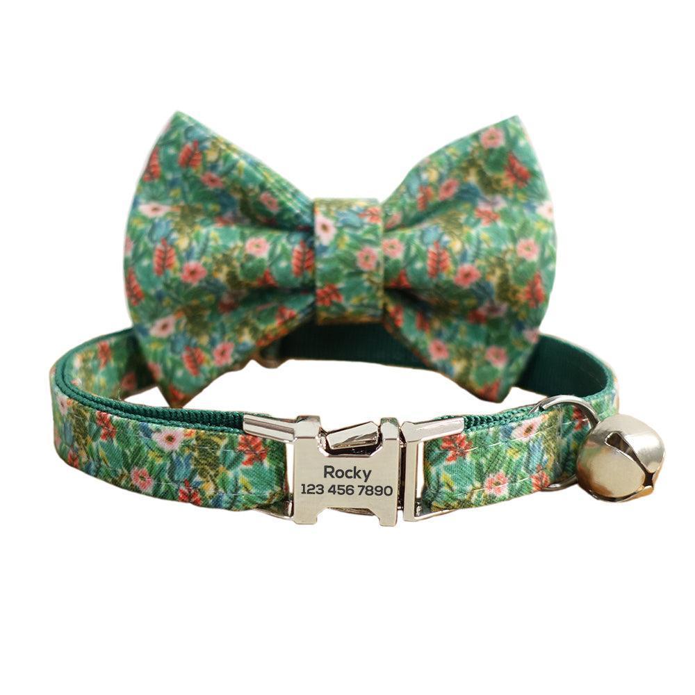 Flower Adjustable Personalized Cat Collar With Removable Bell & Bowtie - iTalkPet