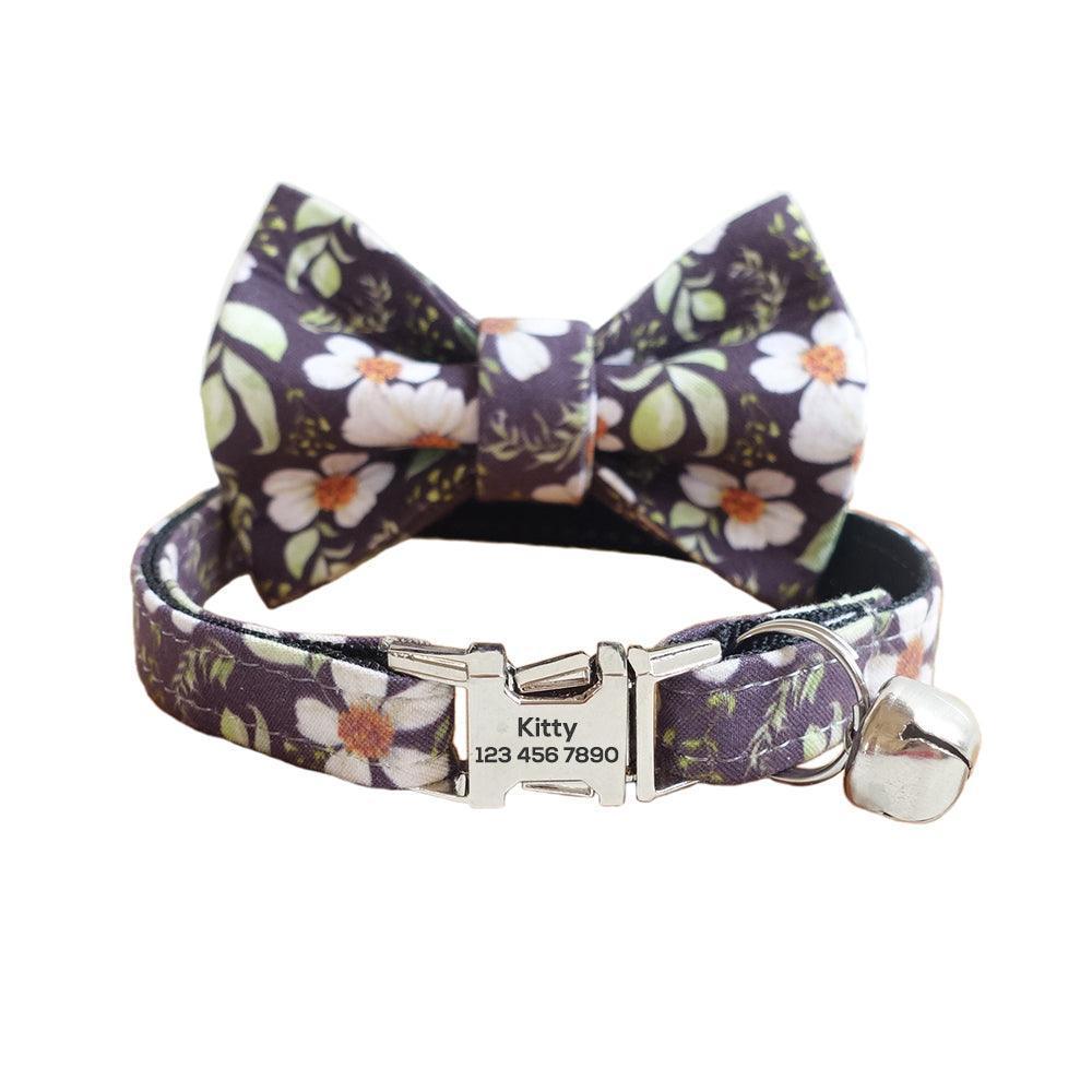 Flower Adjustable Personalized Cat Collar With Removable Bell & Bowtie - iTalkPet