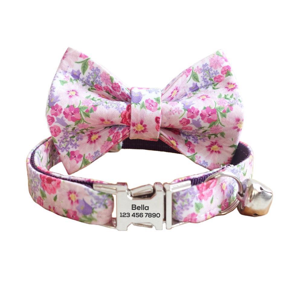 Flower Adjustable Personalized Cat Collar With Removable Bell & Bowtie - iTalkPet