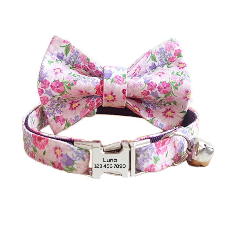 Flower Adjustable Personalized Cat Collar With Removable Bell & Bowtie - iTalkPet