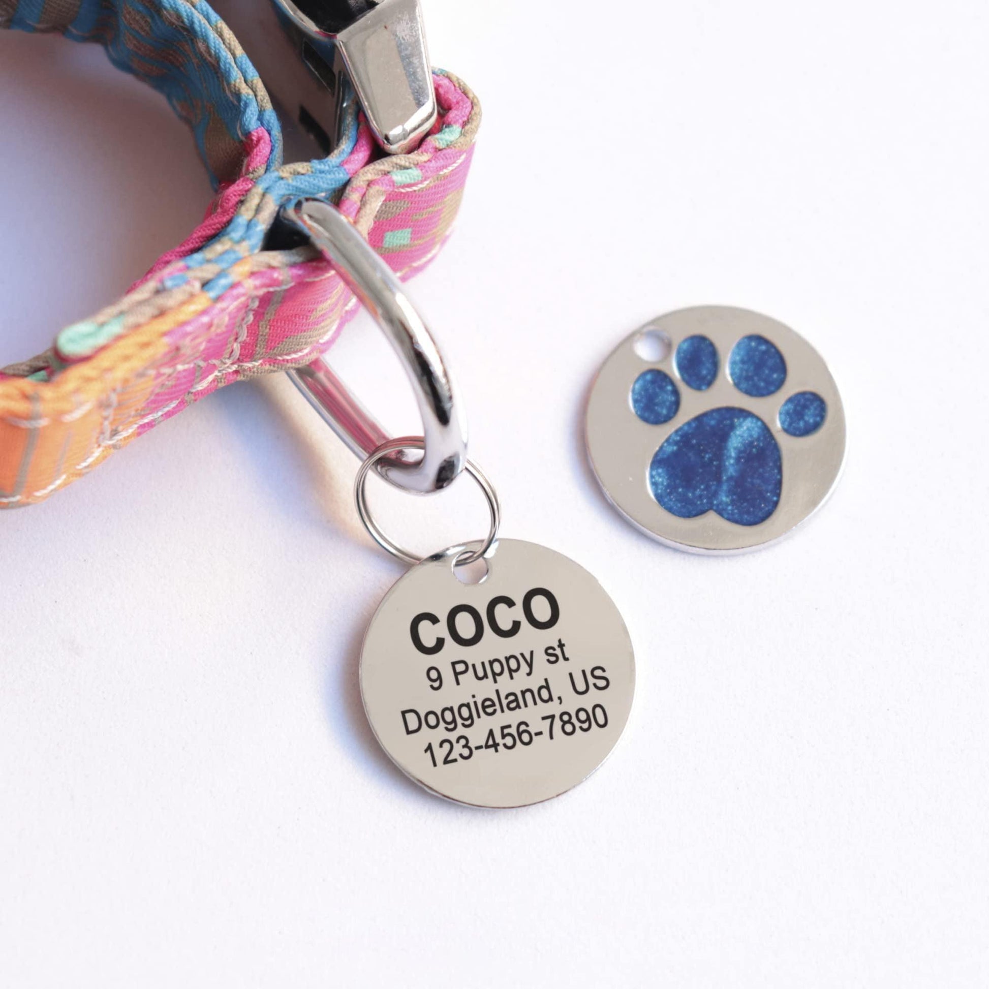 Glitter Paw Print Round Custom Engraved Pet ID Tag - iTalkPet