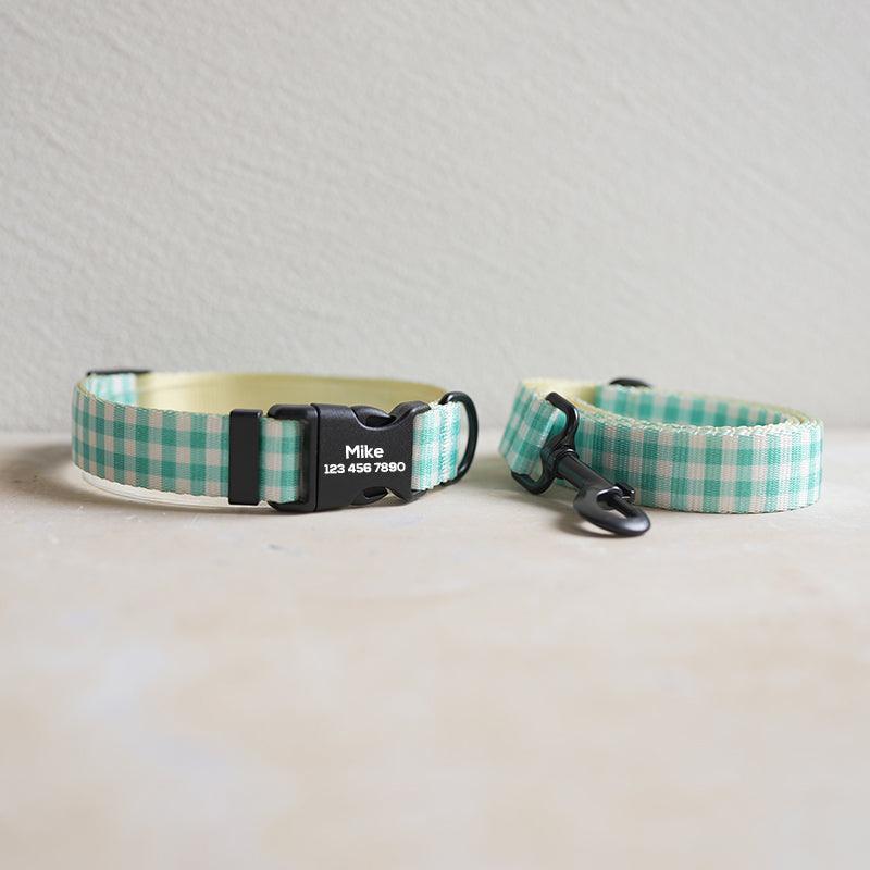 Green Plaid Personalized Dog Collar with Leas & Bow tie Set - iTalkPet