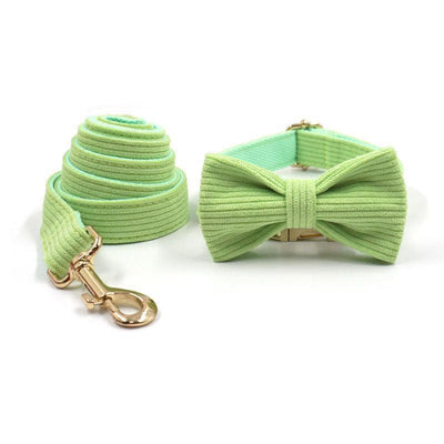 Green Stripe Velvet Personalized Dog Collar Leash Harness Bowtie Poop Bag Set - iTalkPet